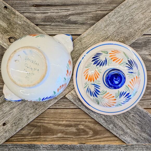 1930's French Faience Henriot Quimper Breton Man-Tureen w/ Lid and Handles-7.5"W - Picture 9 of 10